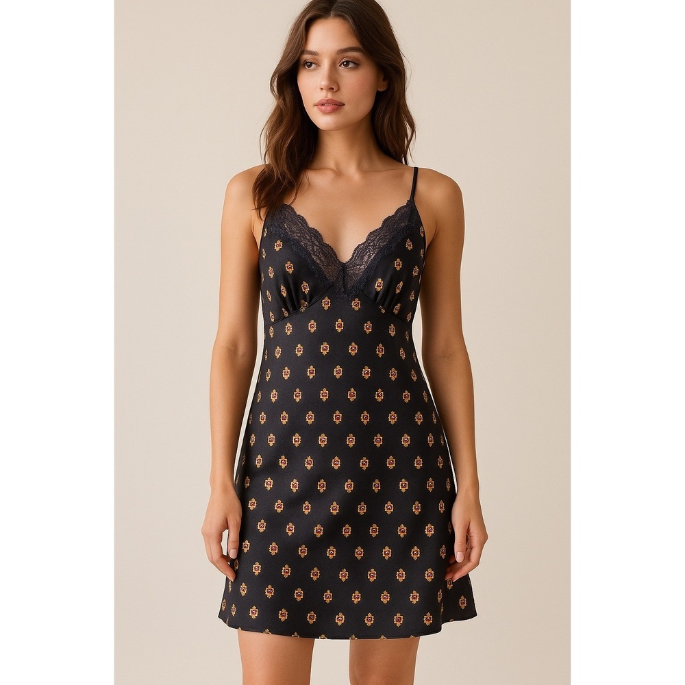 Linea Donatella Black Floral Satin Slip Dress M Lace Lingeriecore Y2K Romantic